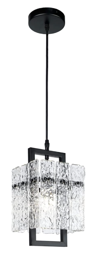 IKK Black Crystal Pendant Light for Kitchen Island, Luxury Water Ripple Glass Chandelier Lights Fixture, Modern Elegant Adjustable Pendant Lighting for Dining Room Bedroom, E12 Bulb, L6.5'' x H11.8''
