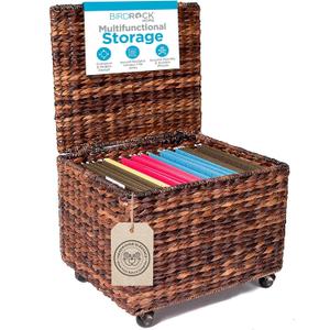 BIRDROCK HOME Seagrass Rolling File Cabinet - Storage Organizer Box with Lid - Home Office Decor - Decorative Organize - Letter Legal Hanging Filing Container - Espresso