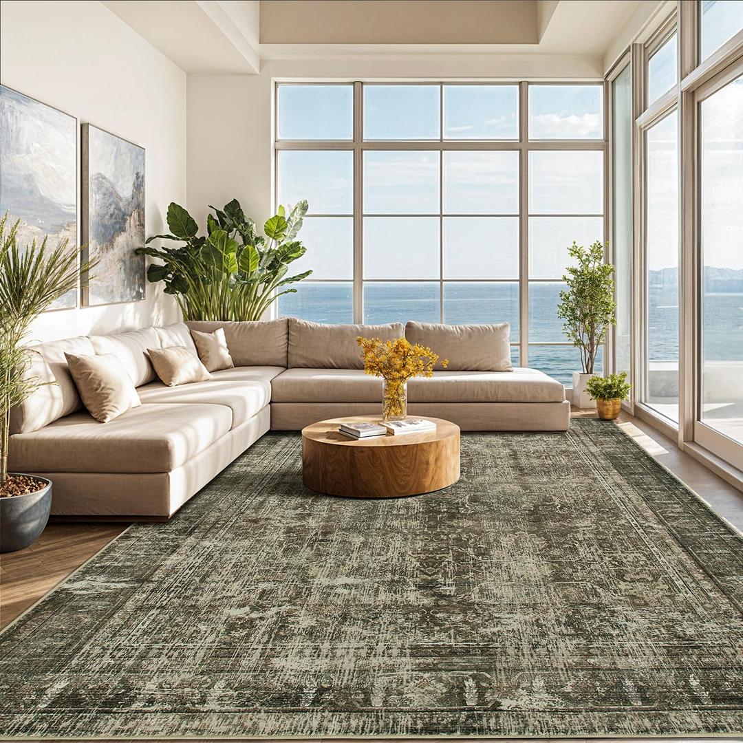 10x12 Area Rugs for Living Room, Non Slip Washable Rugs Large Rug Indoor Carpet, Durable & Soft Vintage Rug for Bedroom Dining Room Home Office Decor, Taupe