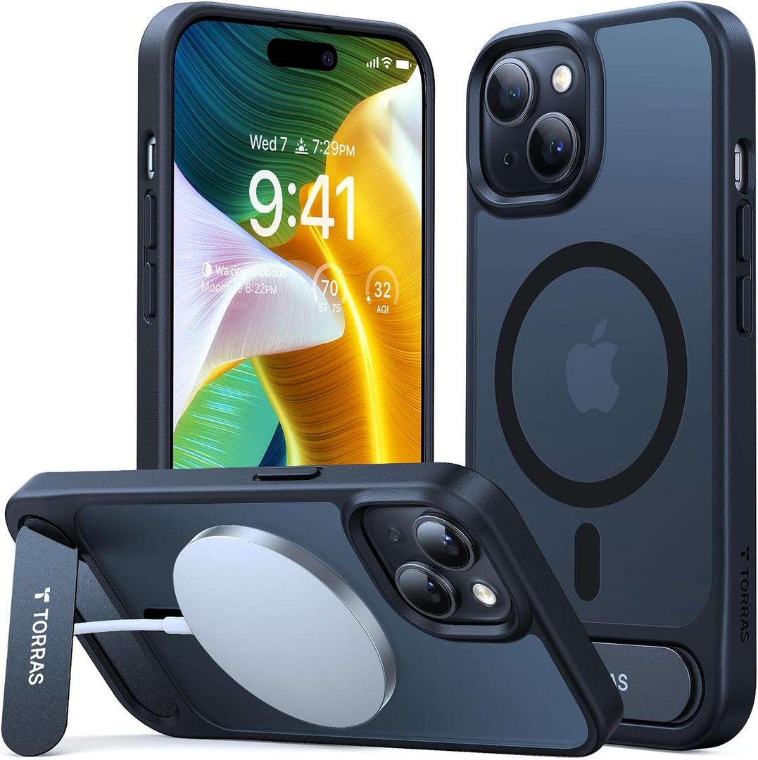 TORRAS for iPhone 15 Plus Case Translucent Black | Strong Magnetic & Seamless Stand, Fit for MagSafe, MilitaryGrade Drop Protection, Sturdy Adjustable Builtin Kickstand, Slim Matte Finish