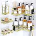 YASONIC Corner Shower Caddy Organizer, 5-Pack Self-Adhesive Rustproof Bath Shelves with Soap Holder & 4 Hooks, Large Capacity Shower Storage Rack for Bathroom Organization, Gold