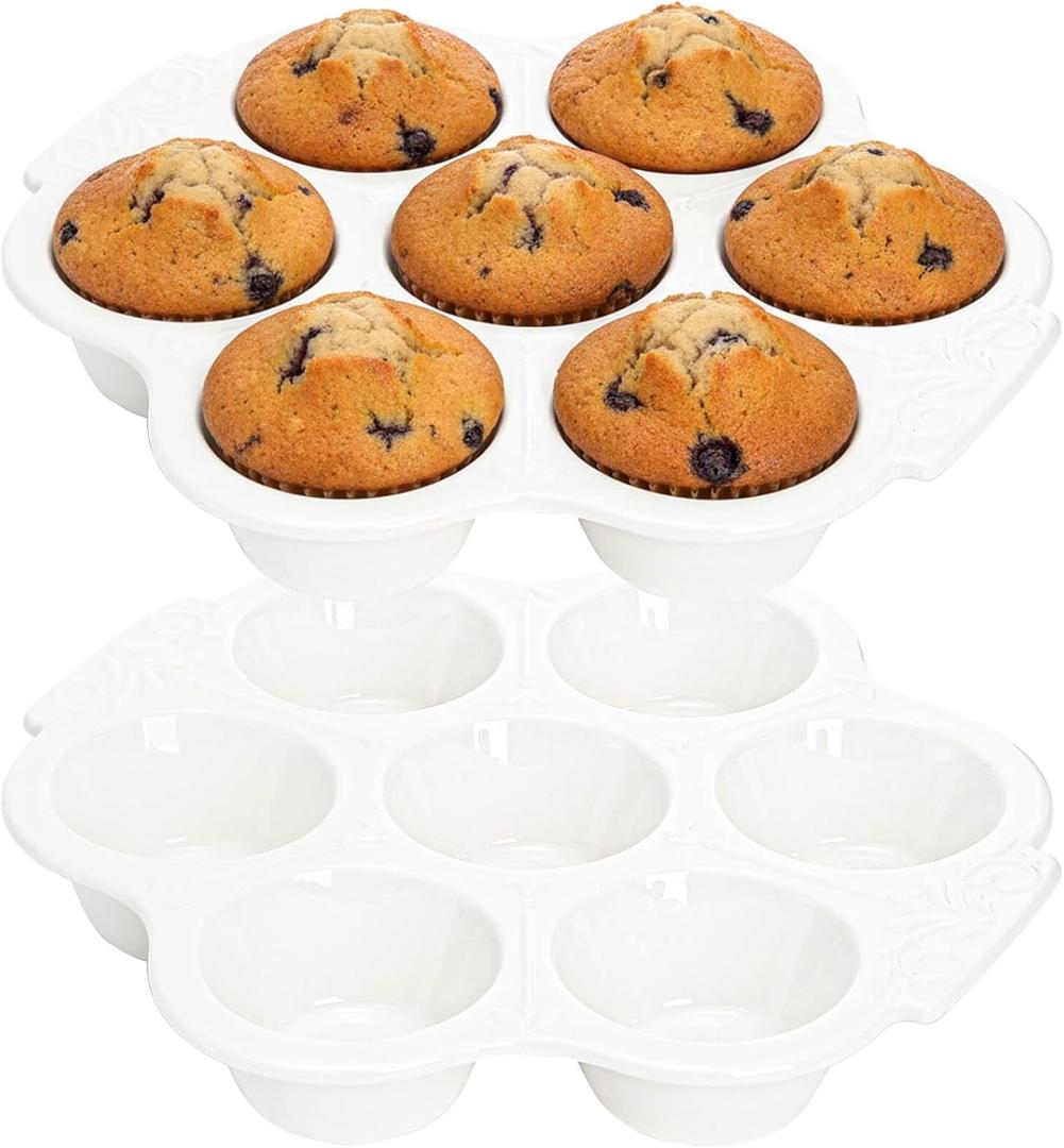 Youeon 2 Pcs Ceramic Muffin Pans, 7 Cup Nonstick Cupcake Baking Pans with Floral Handles, Durable Oven & Dishwasher Safe Ceramic Muffin Tins for Muffins, Cupcakes, Cheesecakes, and More (White)