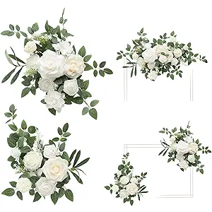 Ling's moment 2pcs White Wedding Artificial Floral Swag Welcome Sign Flowers Backdrop Garland Green for Ceremony Reception Door Wall Easel Home Decoration Entryway Faux Outdoor Board Table Decor