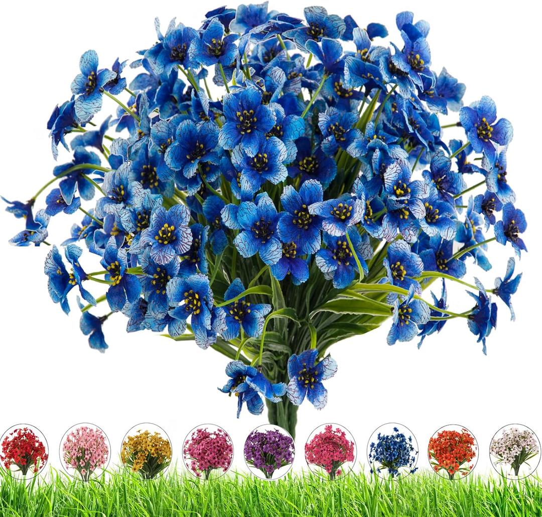 Outdoor Artificial Fake Flowers,24 Bundles UV Resistant Faux Outdoor Plastic Flower Plants for Outside Indoor Decorations(Blue)