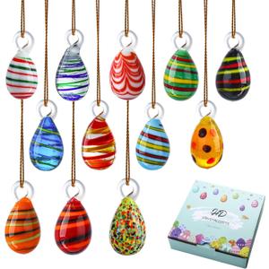 HDCRYSTALGIFTS Set 12 Blown Glass Easter Tree Ornaments, Multicolored Mini Hanging Glass Eggs Decor for Tree Basket DIY Crafts Easter Party Favors
