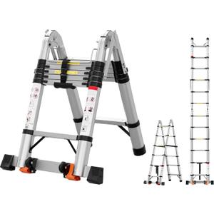12.5 FT Telescoping A Frame Ladder,Aluminum Extension Ladder,Heavy Duty 330 lbs Max Capacity with Stabilizer Bar&Wheels,Multi-Purpose Portable Collapsible Ladder for Home,Work Silver CE ANSI