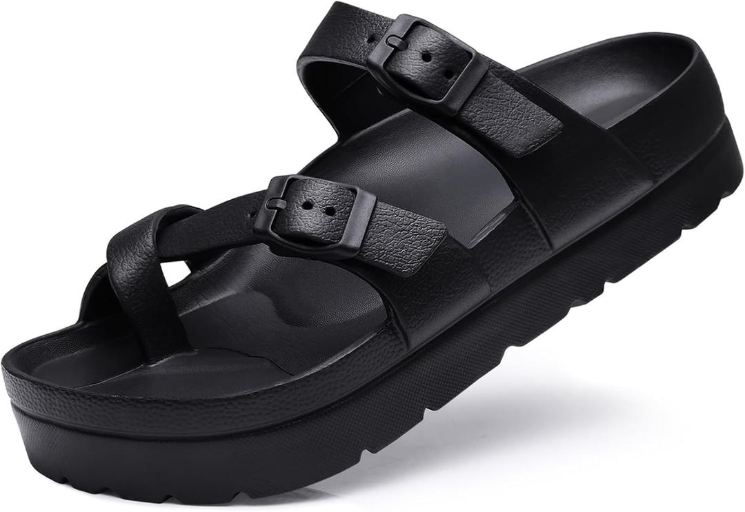 Women's Platform Sandals with Arch Support Comfortable Foam Slides Summer Beach Sandals with Adjustable Buckle (9, Black)