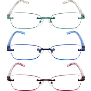 JJWELL 3 Pack Blue Light Blocking Reading Glasses for Women, Anti Eyestrain/Computer Glare UV 400 Filter Readers with Spring Hinge, Lightweight Rimless Tinted Metal Blue Rays Eyeglasses (3.00) (Purple Blue Green)
