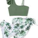 Girls Swimsuits Hawaiian Teen Bathing Suits 3 Piece Tropical Floral Ruffle Strap Bikini Set with Cover Up Skirt 11-12T
