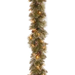 National Tree Company 6 ft Pre-Lit Glittery Bristle Artificial Christmas Garland, Christmas Decoration with Pinecones, 50 Warm White LED Lights, 138 Tips, Timer, Green