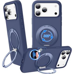 3 x STERKER 360° Rotatable Stand Compatible with iPhone 17 Pro Max Case with Magnetic [Military Grade Drop Tested][Adjustable Kickstand] Ring Holder Silicone Slim Back Soft Edge, Blue