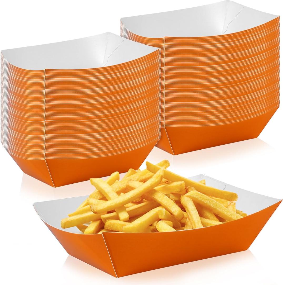 100 Pcs Orange Paper Food Tray Sturdy Disposable Food Boats Nacho Plates Disposable Serving Snack Trays for Catering, Party Birthday Supplies, and Food Service (Orange)