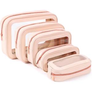 YOPCDJ 5PCS Clear Toiletry Bag, TSA Approved Travel Makeup Pouch with Zipper for Cosmetics and Toiletries, Diaper Bag Organizer Pouch Set, Women's Purse Organizer and Clear Car Bag (Pink)