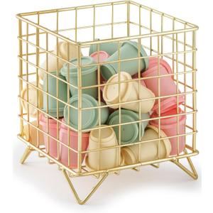 FantasyLife K Cup Holder Organizer, 5.3" x 5.3" x 6.3" Coffee Pod Storage Basket, Coffee Bar Accessories Metal Basket, Large Capacity Countertop Organizer for Kitchen Counter & Office Desktop (Gold)