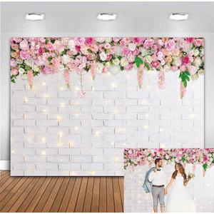 Flower Wall Backdrop Glitter White Brick Wall Mother's Day Flowers Photography Background Mother's Day Wedding Bridal Baby Shower Birthday Party Spring Theme Decor Photo Booth Props (7x5FT)