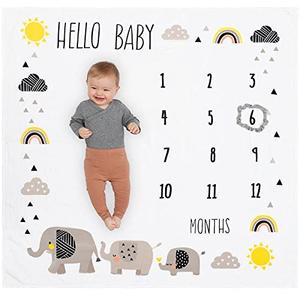 Organic Baby Monthly Milestone Blanket for Boy or Girl with Month Marker - Elephant Milestones Blanket, 1-12 Months, Gender Neutral, 47" X 47"