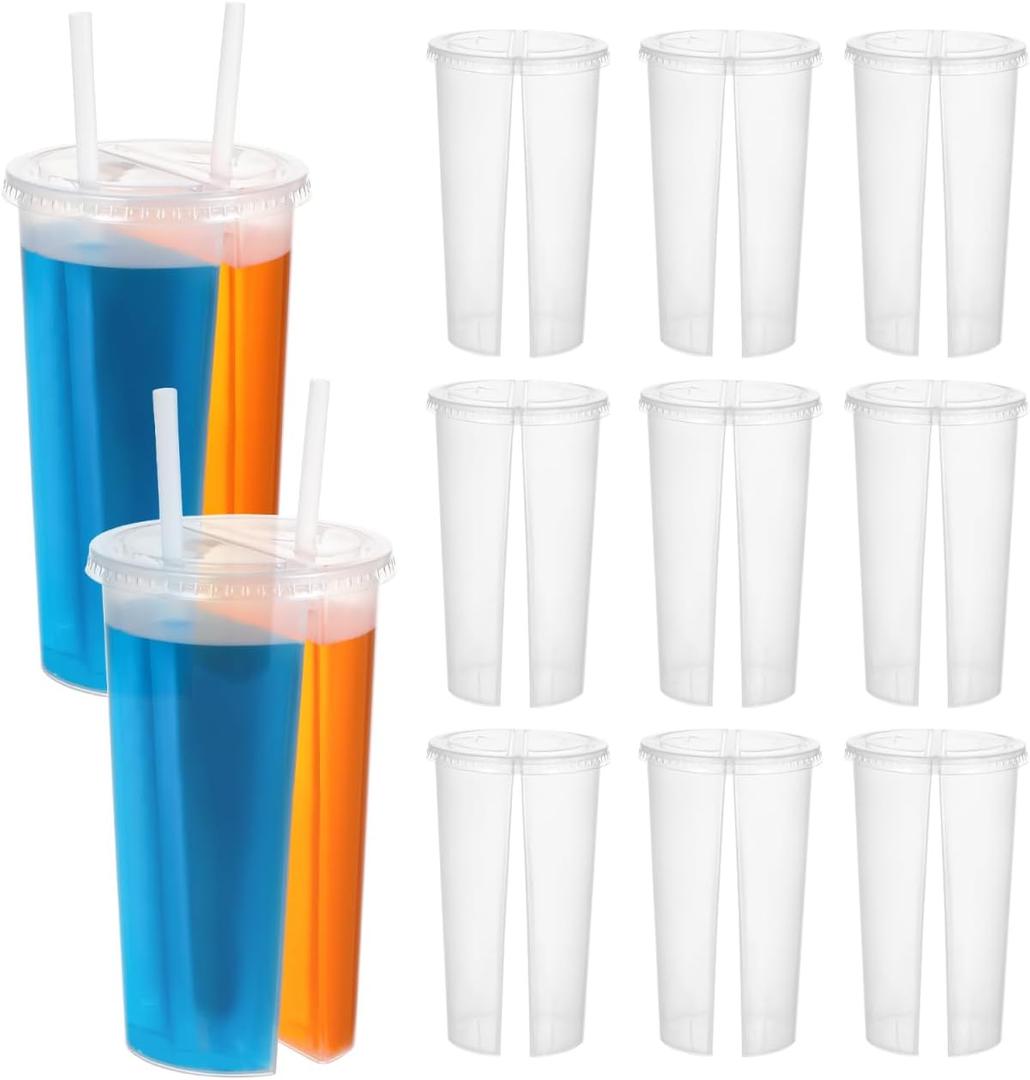 VICASKY 2-in-1 Split Cup for Drinks - 20 Pcs Thickened Disposable Double Cup with Lids Couple SharingChamber Leak-Proof BPA-Free Clear Valentines Day Wedding Party Coffee Smoothie
