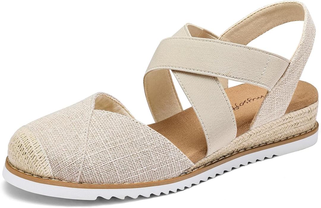 mysoft Womens Wedge Sandals Low Heel Comfortable Closed Toe Espadrilles Slip-on Elastic Ankle Strap Walking Shoes (Beige, L)