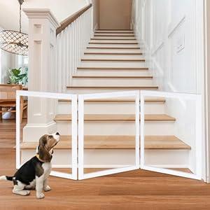 LZRS Clear Dog Gate for Indoor Use - Transparent Pet Fence with Solid Hardwood and Plastic Board, Stylish & Durable freestanding Pet Gate for Doorways, Stairs and Hallways-3 Panel White