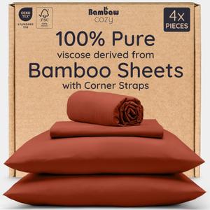 Bambaw 100% Viscose Derived from Bamboo Sheets Queen Size Set  4pcs Cooling Sheets Queen, Luxury Bedding, Soft & Breathable, Deep Pocket Fits Up to 16'' Mattresses (Terracotta)