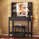 Vanity Desk with Mirror and LED Lights, Small Makeup Vanity Table Set with Drawers and Chair, Dressing Table with Power Outlet for Girls Bedroom, Black, 15.75"D x 31.5"W x 51.18"H