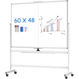 maxtek 60 x 48 Double Sided Rolling Whiteboard, Mobile Whiteboard Magnetic White Board - Large Reversible Dry Erase Board Easel Standing Board on Wheels with Stand (60 x 48) (60x48 inch Silver)