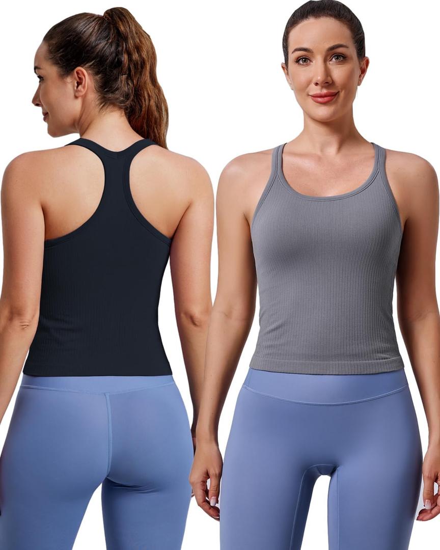 Evercute Women's 2 Pack Ribbed Workout Tank Tops with Built in Bra Racerback Seamless Crop Tank Tops Camisole Sport Tanks L