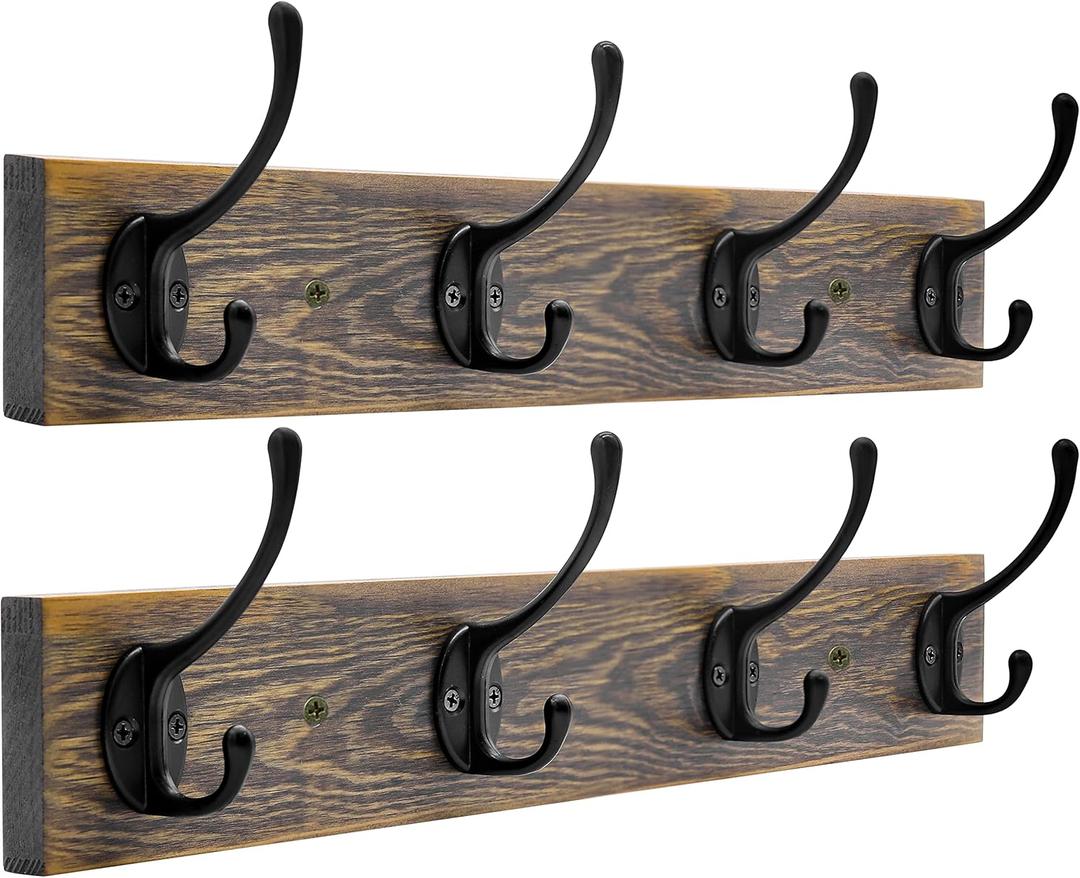 IBosins Wall Mounted Coat Rack, 2 Pack Metal Wood Coat Rack with 8 Black Rustic Hooks for Scarf, Bag, Towel, Key, Cap, Cup, Hat