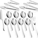14PCS Serving Utensils - Hostess Serving Utensils Set, Premium Stainless Steel 8.7 inch Serving Utensils, Slotted Spoons, Fork, Tongs, Cake Pie Server for Buffet, Wedding, Dinner (Silver)