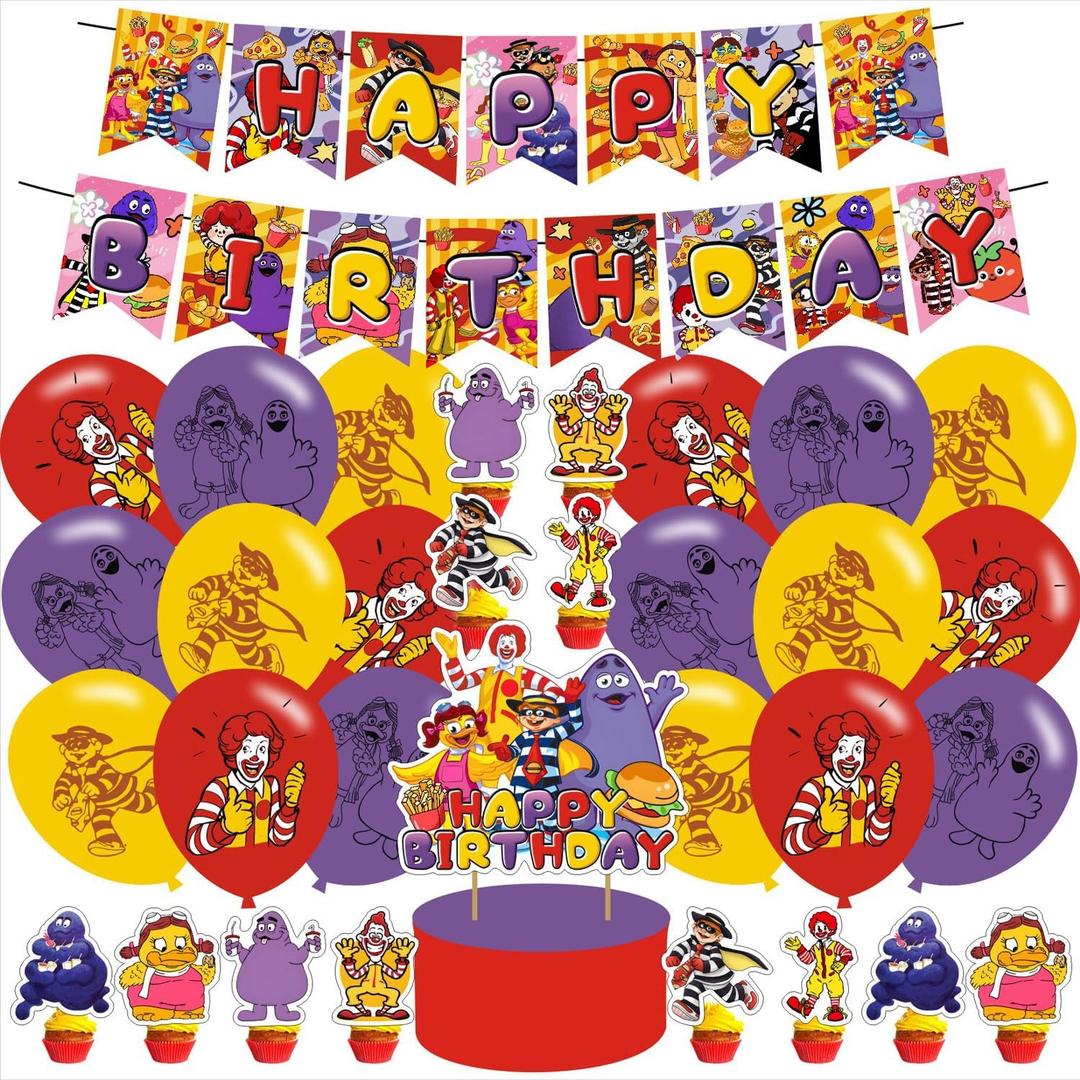 Grimace 32Pcs Hamburglar Party Decoration - Yellow Hat Birthday Banner, Cake Topper, Latex Balloons - Kids' Cartoon Theme Supplies
