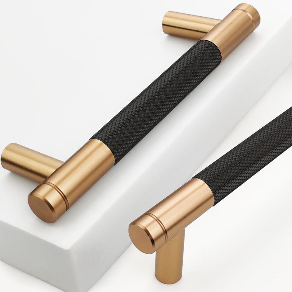 2 Pack 3 3/4 Inch 96 mm Bronze and Black Knurled Cabinet Handles Cabinet Pulls Aluminum Handles Drawer Pulls Oxidation Finish with Diamond Pattern