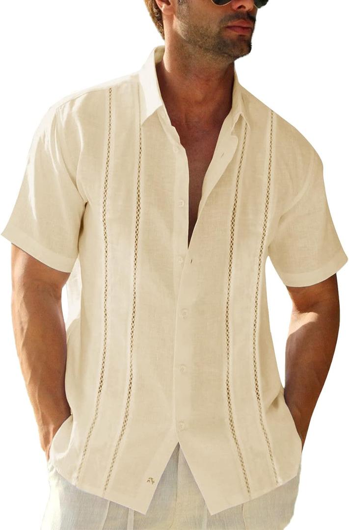 Runcati Men's Short Sleeve Guayabera Shirts Linen Cotton Button Down Mexican Embroidered Cuban Wedding Shirt Summer Beach Tops, XL (04 Beige)