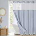 MitoVilla No Hooks Needed Farmhouse Shower Curtain with Snap-in Liner - with Window & Magnets, Boho Cotton Linen Fabric Shower Curtains with Tassels for Rustic Bathroom Decor, Blue, 72 x 74
