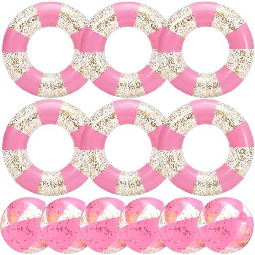Glimin 12 Pack Pink Striped Inflatable Pool Floats Set Include 31 Inch Adults Swim Rings and 16 Inch Inflatable Beach Balls with Gold Confetti for Summer, Beach & Pool Party Decorations