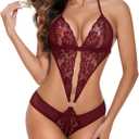 Avidlove Women Deep V Lingerie Lace Teddy One Piece Babydoll Mini Bodysuit (X-Small, Dark Red)