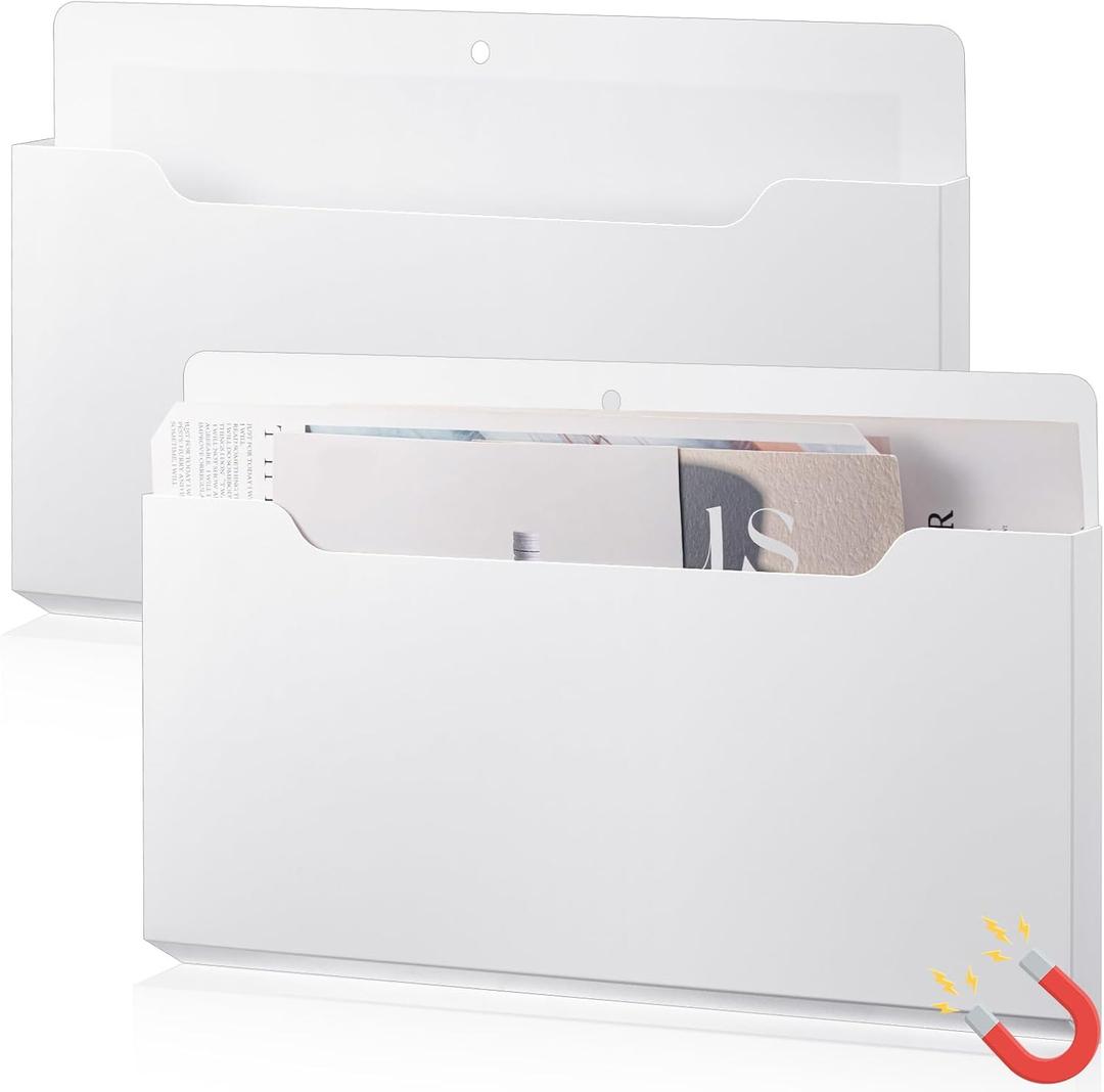 Feifeiya 2 Pcs Magnetic File Folder Wall Hanging Holder Large Pocket Paper Magazine Mail Organizer for Refrigerator Classroom Locker Whiteboard(Horizontal,White Color,13.8 x 8.3 Inches)