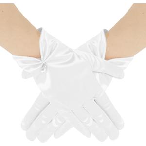 Satin Gloves Women,Elegant Short Pearl Gloves for Wedding Opera Dinner Party, Tea Party Accessories, Bridal Accessories (White)