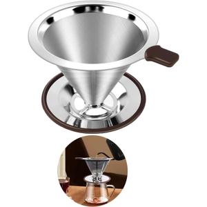 Reusable Paperless Coffee Filter,Coffee Dripper,Professional Stainless Steel Drip Cone Brew Coffee Strainer,Double Micro Mesh Filter,Coffee Filter Mug,Silicone Handle & Non-Slip Silicone Base (L)