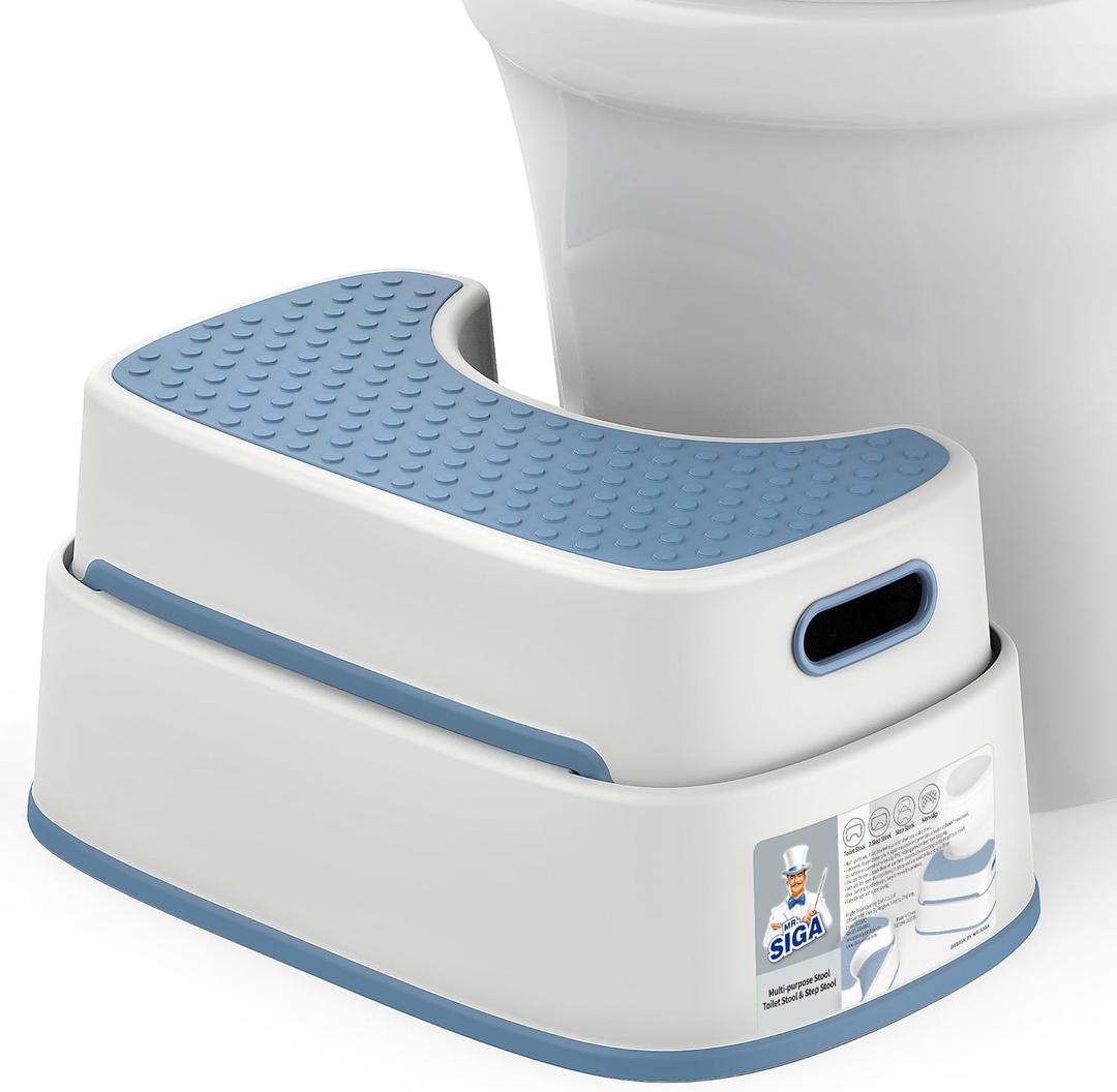 MR.SIGA Toilet Stool Squat Adult, Bathroom Stool Heavy Duty, Anti Slip Toilet Step for Bathroom, Toddler Step Stool for Kids, White & Grayish Blue