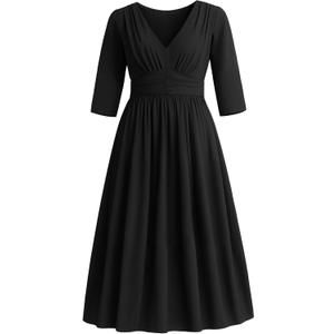 Runwind Plus Size Maxi Dress for Curvy Women 3/4 Long Casual Wedding Guest Dress with Pockets (Black), Size: 3X-Large Plus