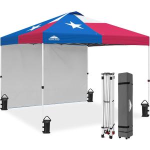 EAGLE PEAK Pop Up Canopy Tent with 1 Sidewall, Easy Setup Event Tent, Outdoor Sun Shade, Wheeled Carry Bag, Stakes and Guy Ropes, Instant Canopy 10x10, Tex Flag