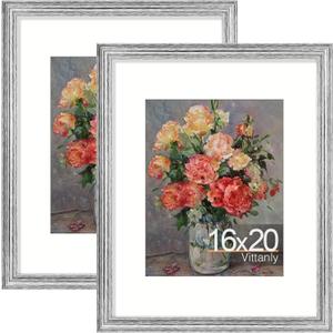 Vittanly 16x20 Picture Frames Set of 2, Ornate Vintage Photo Frame for Wall Mount, Display 11x14 Pictures with Mat or 16x20 without Mat, Rustic Silver