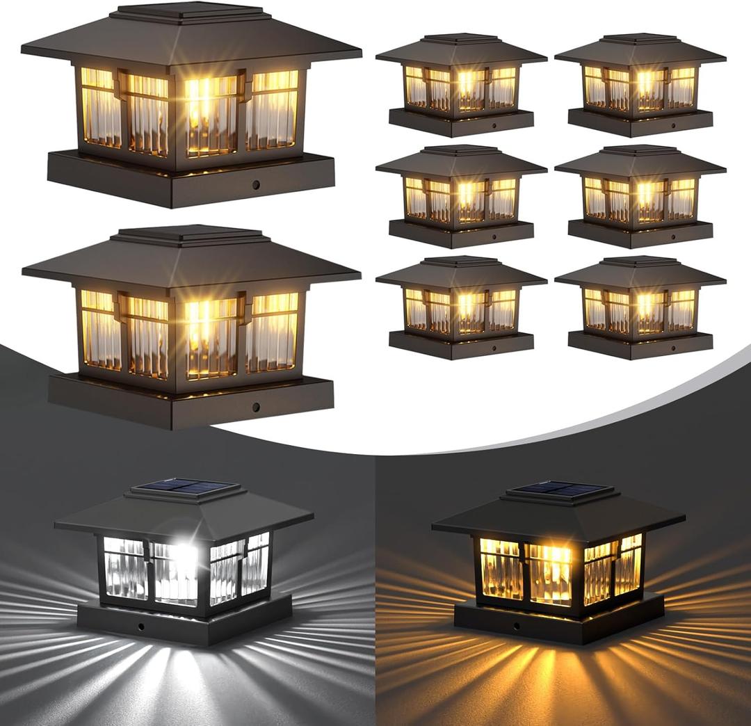 4x4 Solar Post Cap Lights, 8 Pack Fence Deck Post Lights Outdoor Solar Powered Waterproof with Two Light Modes Warm&Cool White for Garden Patio Decor.(Classic Black, 8)