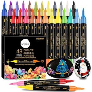 48 Colors Acrylic Paint Pens, 24 Pack Dual Tip Acrylic Paint Pens Markers for Rock Painting, Wood, Stone, Canvas, Ceramic, Glass Surfaces, DIY Crafting & Art Supplies