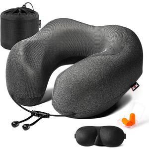 MLVOC Travel Pillow Memory Foam Neck Pillow, Adjustable Comfort Breathable Cover, Airplane Travel Set with 3D Sleep mask, Earplugs Box, for Airplane, Car, Office, Home (Full Grey)