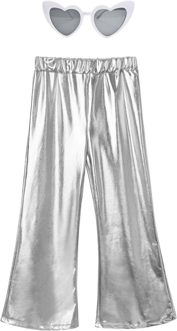 Perfashion Girls' Shiny Metallic Flared Pants Festival Dance Pants Disco with Sunglasses Wide Leg Trousers 6-15 Years (8-9 Years)