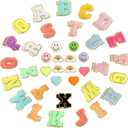 64PCS Adhesive Chenille Letter Patches, 2 Packs A-Z Stick On Varsity Letter Patches Mixed Color Felt Alphabet Stickers Smile Face Love Heart Rainbow Chenille Patch for Clothes Jackets Backpacks Hats