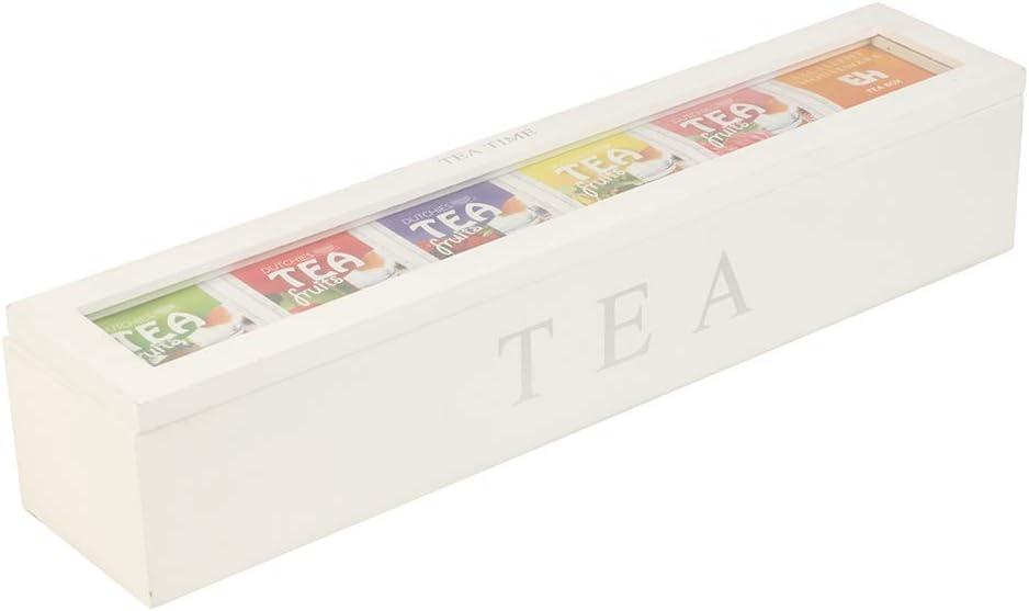 Greensen Wooden Tea Storage Box with 6 Compartments, Wood Tea Box Storage Organizer Retro with Clear Acrylic Lid for Tea Bags and Accessories (White)