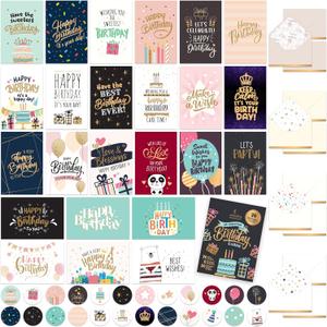 Decorably 24 Pack Foiled and Glittery Assorted 6x4in Box of Birthday Cards with Envelopes and Stickers, 24 Unique Designs Birthday Card Pack with Printed Message Inside