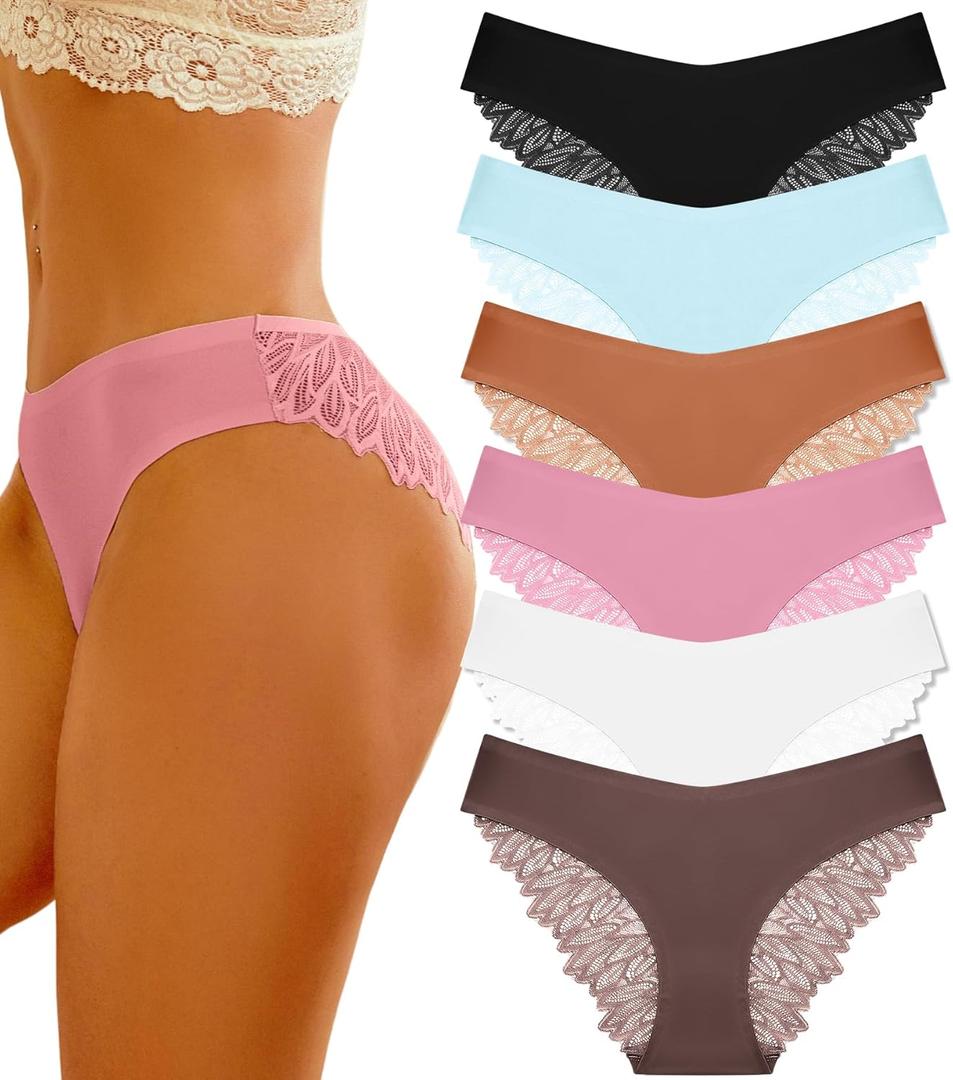 FINETOO 6 Pack Sexy Underwear for Women Silky Seamless No Show Panties Ladies Lace Bikini Lightweight Cheeky Hipster (Medium, Black & Fishwater & Brick Yellow & Caramel & White & Mocha Gray)